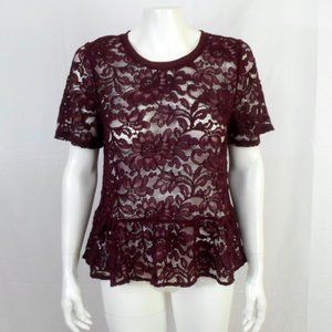 Ann Taylor LOFT Burgundy Sheer Lace Floral Short Sleeve Peplum Top